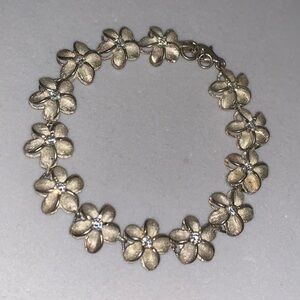 925 Sterling Silver Sparkly Tropical Floral Flower Chain Statement Bracelet 7.5”